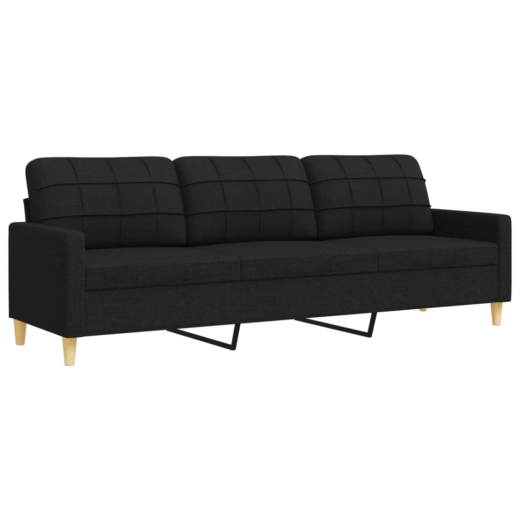 Schwarzes Dreisitzer-Sofa mit hellen Holzbeinen. Der Rücken ist quadratisch. Schwarze Metallstütze sichtbar.