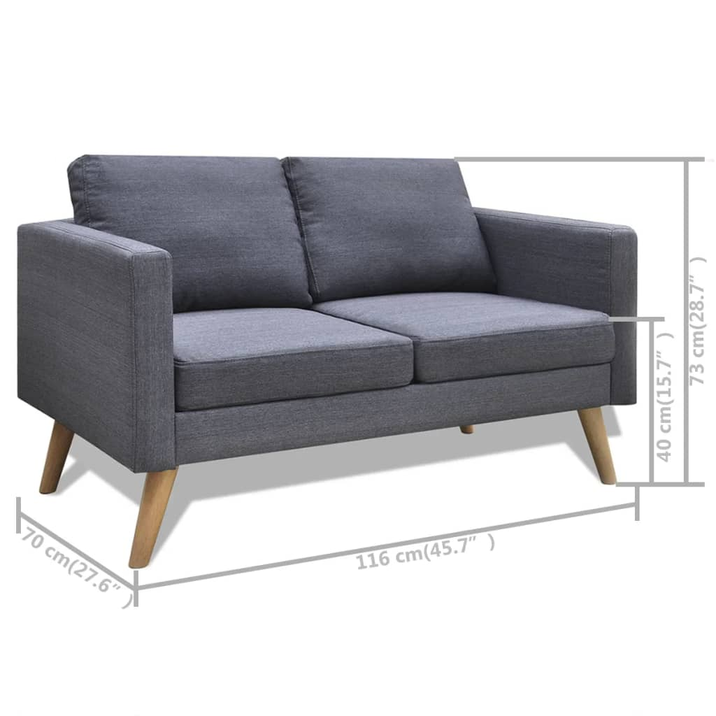 Graues Zweisitzer-Sofa mit Holzbeinen. Abmessungen werden angezeigt.