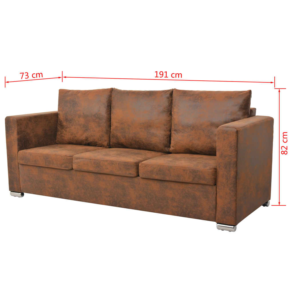 Braunes Dreisitzer-Sofa mit Kissen. Maße: 191cm x 82cm x 73cm.