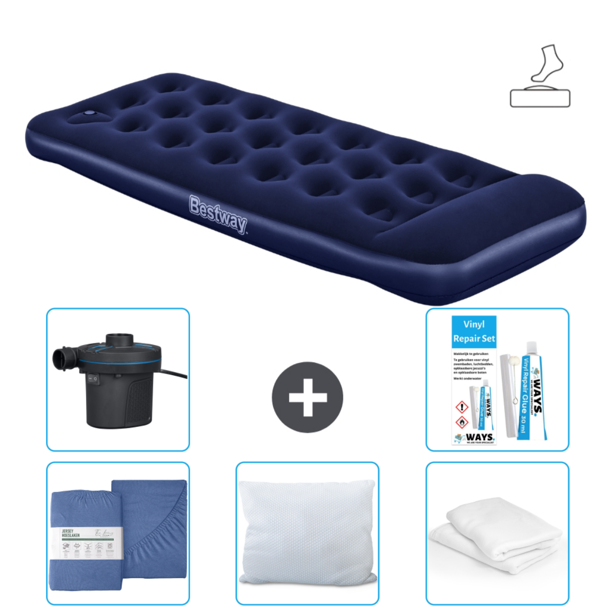 Matelas gonflable bleu Bestway avec pompe, draps, oreiller et kit de réparation. Fond blanc. Symbole pied.