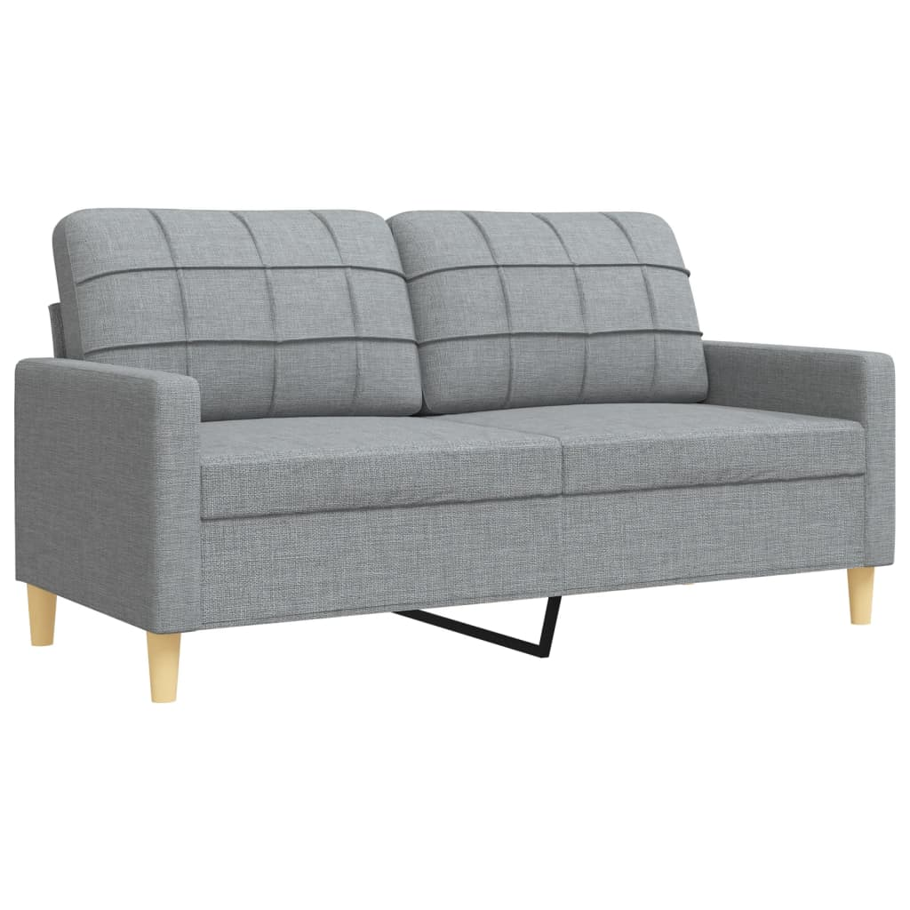 Graues Zweisitzer-Sofa mit hellen Holzbeinen. Es hat ein Gittermuster auf den Rückenlehnen.