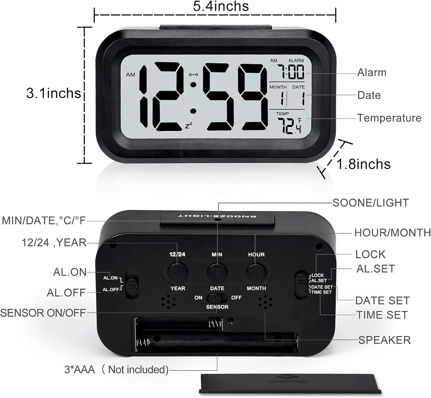 Schwarzer digitaler Wecker mit Anzeige von Zeit, Datum, Temperatur und Tasten.