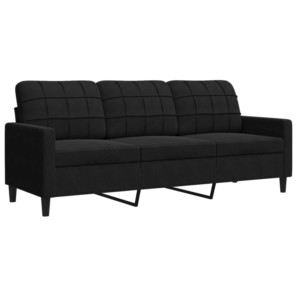 Schwarzes Sofa mit drei Kissen, schwarze Beine, weißer Hintergrund.