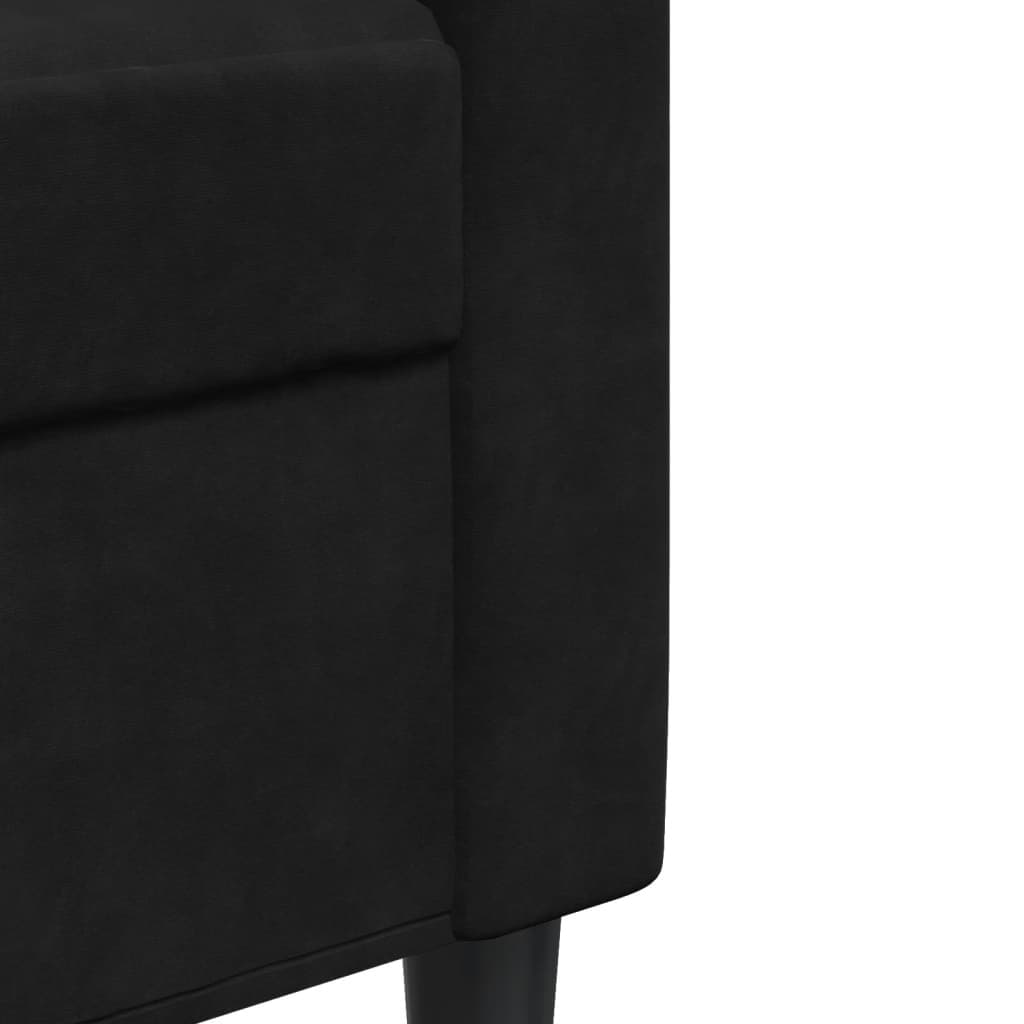 Nahaufnahme der Armlehne und Beine eines schwarzen Sofas, weißer Hintergrund.