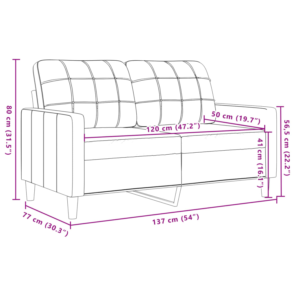 Abmessungen eines Zweisitzer-Sofas mit Maßen in Zentimetern und Zoll.