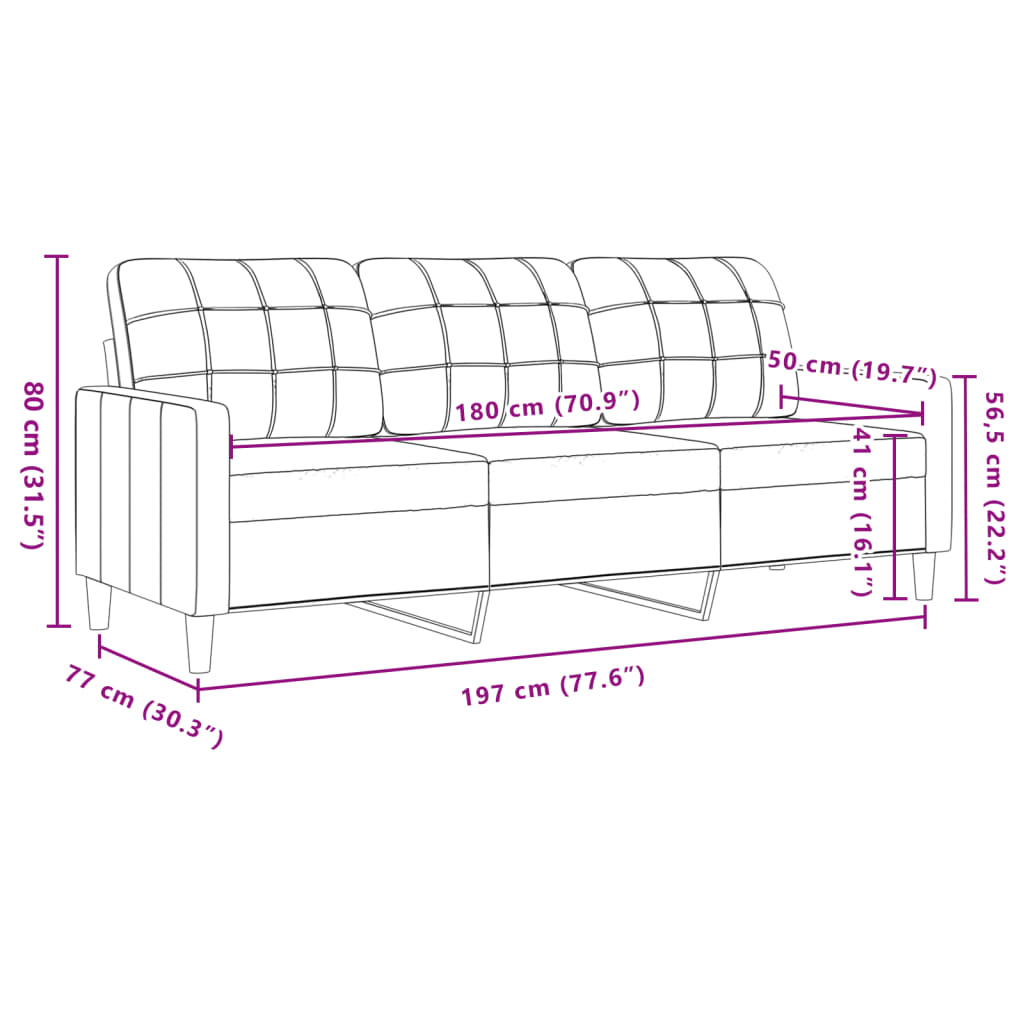 Ein Sofa mit angezeigten Maßen. Das Sofa ist braun und hat ein Gittermuster.