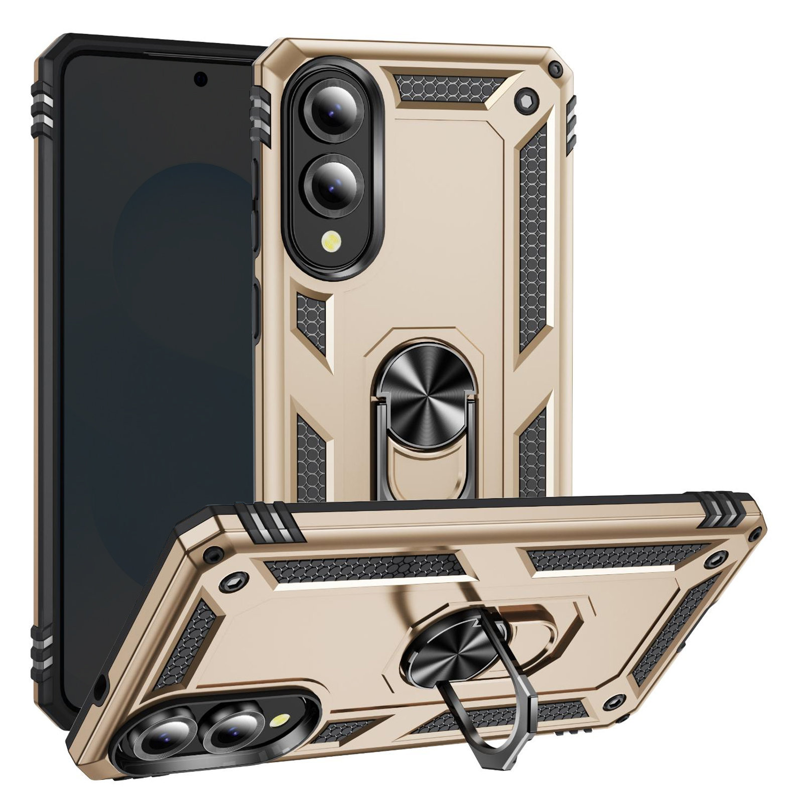 Una custodia per telefono dorata con supporto ad anello e protezione della fotocamera, vista da più angolazioni.