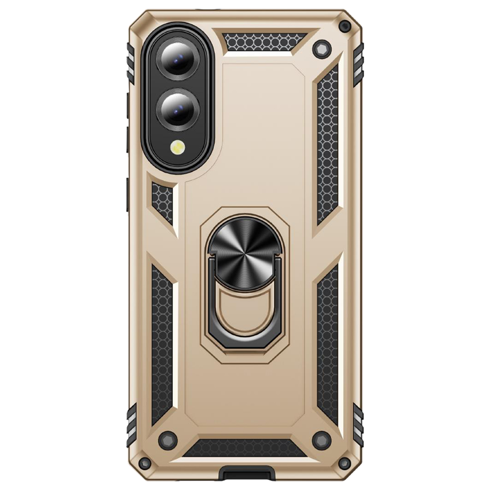Custodia dorata per telefono con doppia fotocamera, porta anello e retro strutturato.