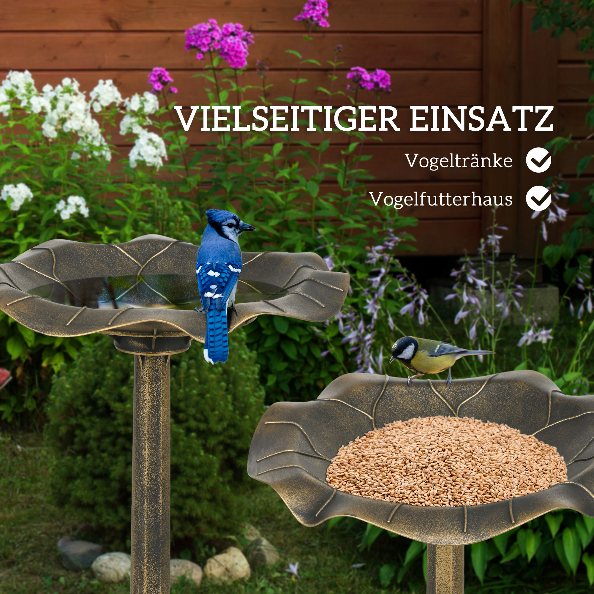 Zwei Vogelfutterspender mit Vögeln. Einer mit einem Blue Jay, der andere mit Samen und einem kleinen Vogel.