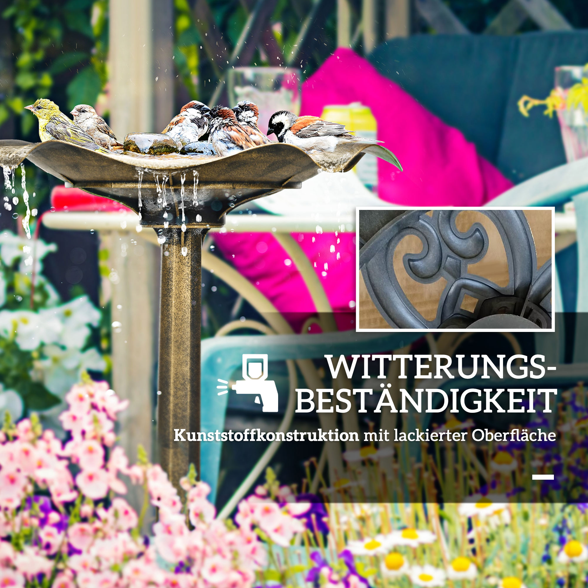 Vögel baden in einem Brunnen. Text: Wetterbeständigkeit, Nahaufnahme der Details.