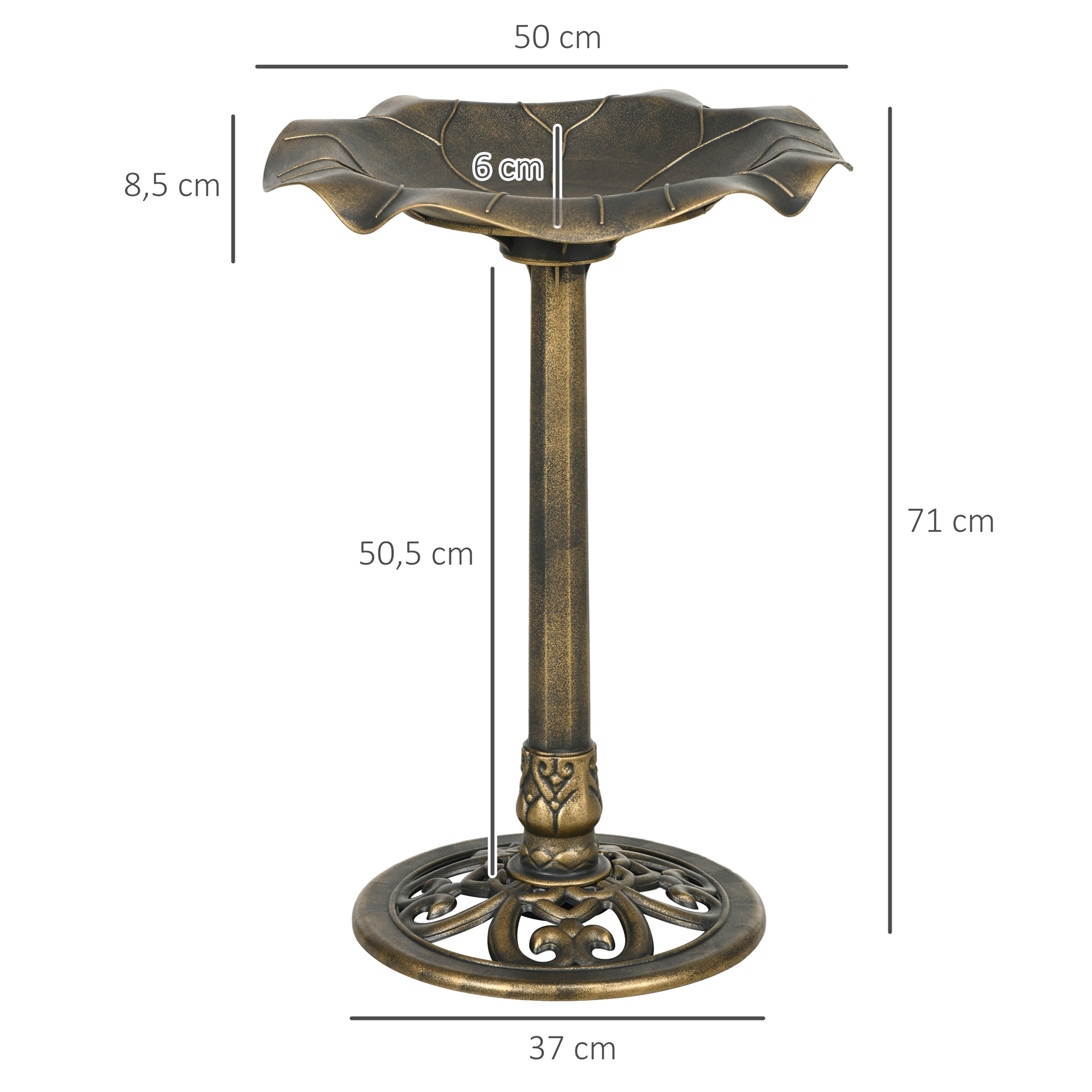 Bañera para pájaros de bronce. Tiene un cuenco en forma de hoja sobre una columna y base circular.