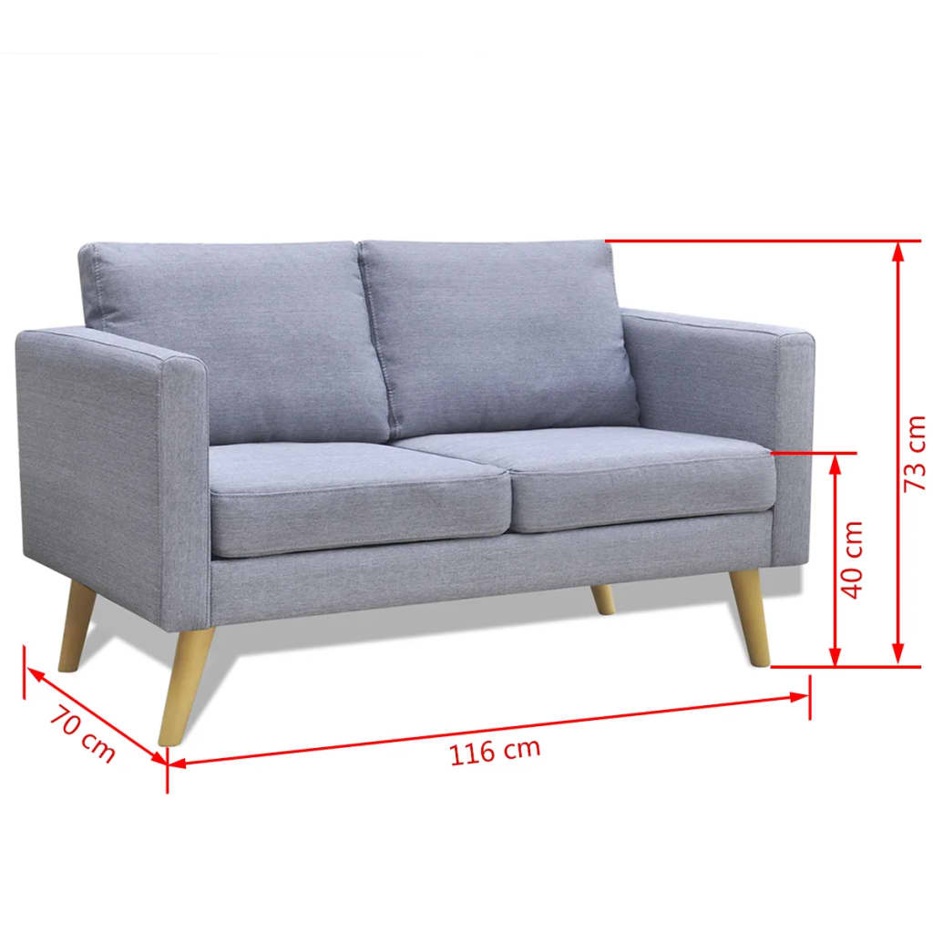 Graues Zweisitzer-Sofa mit Holzbeinen vor weißem Hintergrund, mit Maßangaben.