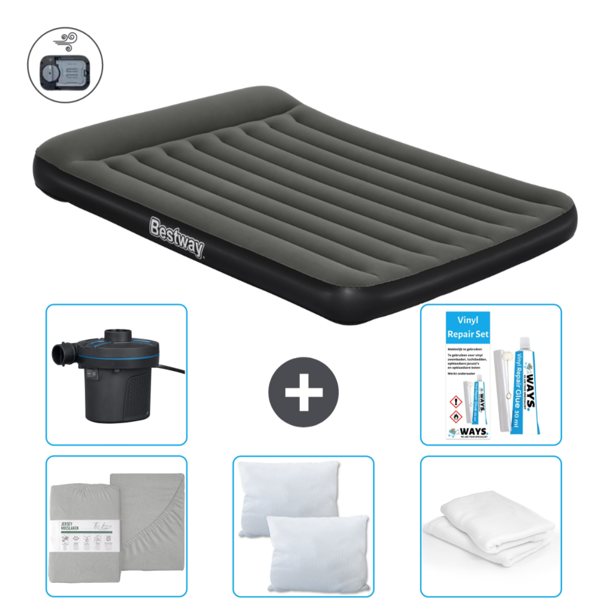 Grijze opblaasbare luchtmatras met pomp, reparatieset, lakens en kussens. Zwart-witte achtergrond.