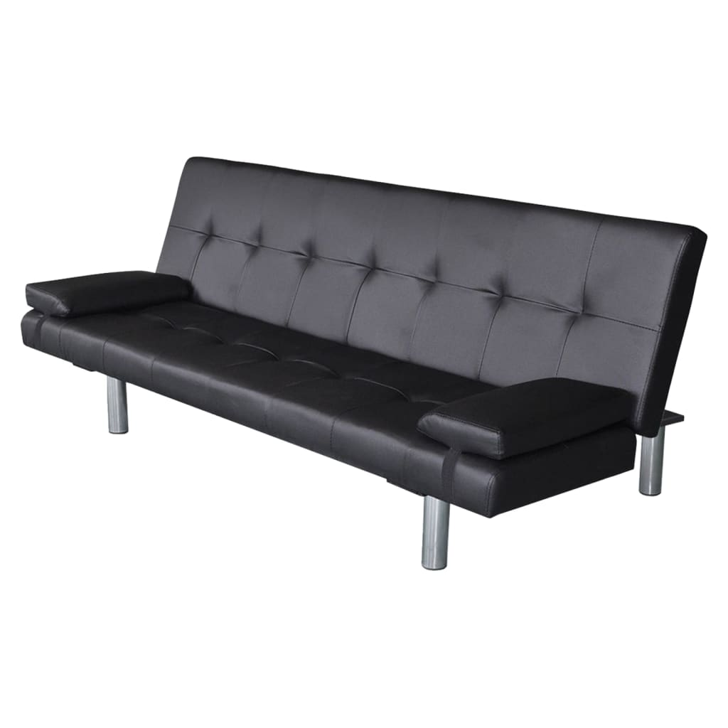 Schwarzes Leder-Futon-Sofa mit silbernen Beinen auf weißem Hintergrund.