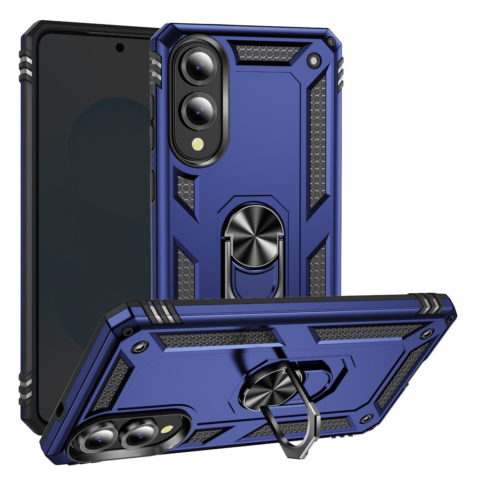 Una custodia blu per telefono con cavalletto e un telefono, isolati su sfondo bianco.