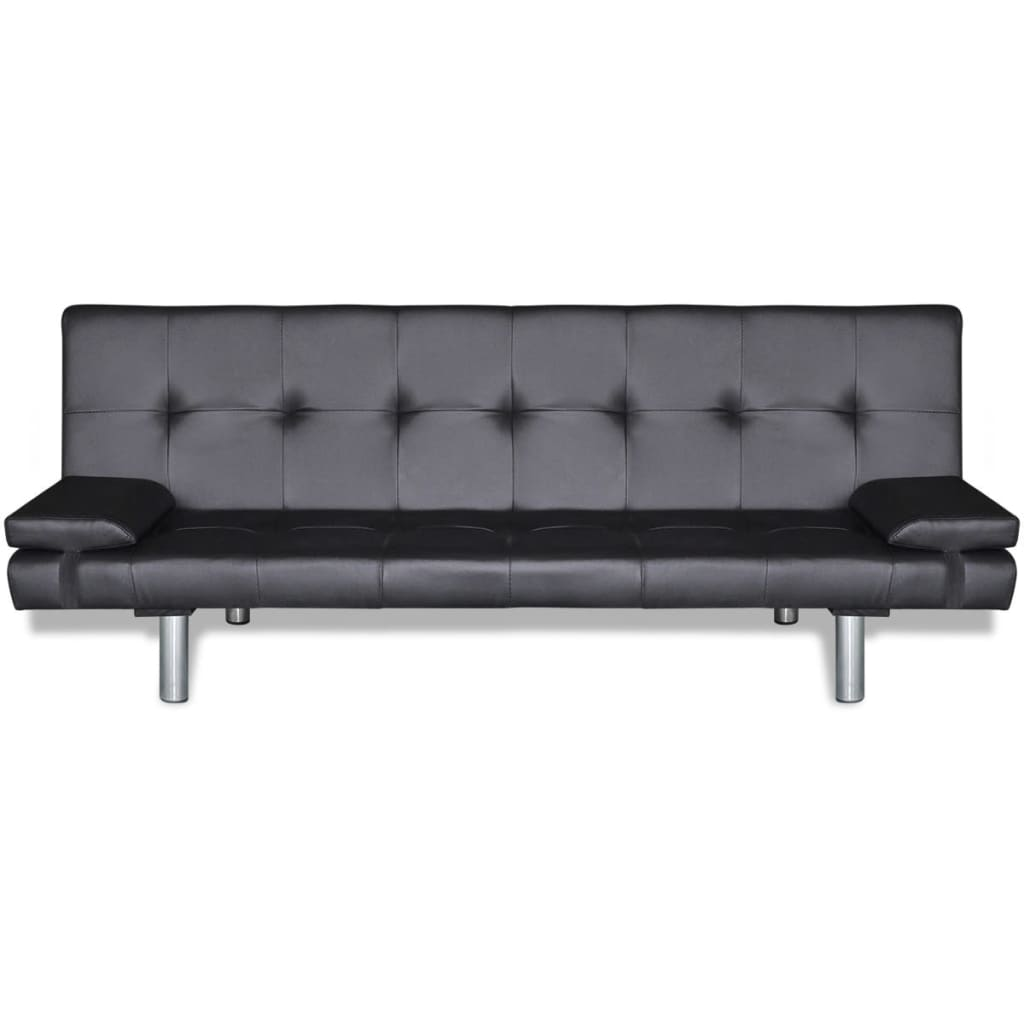 Ein schwarzes Leder-Futon-Sofa mit Armlehnen und silbernen Beinen, isoliert auf weißem Hintergrund. Das Sofa ist zentriert.