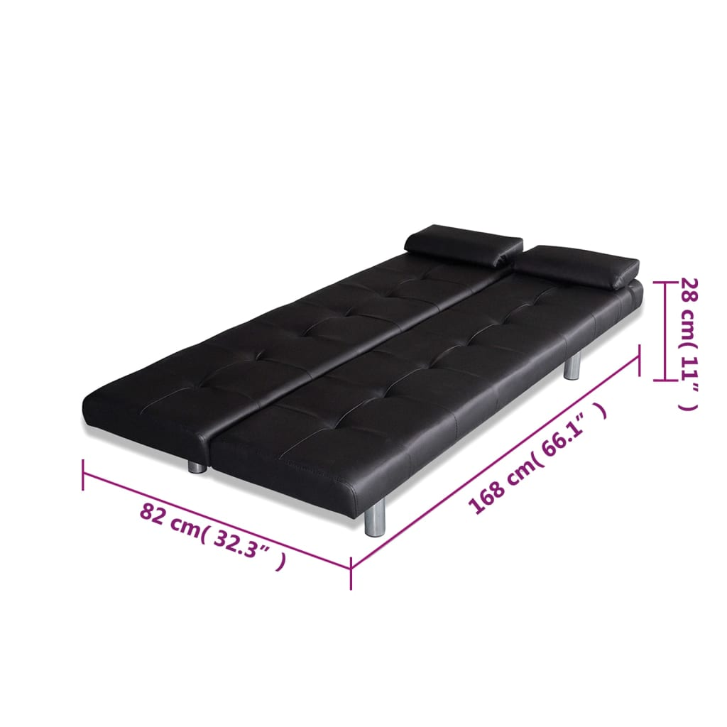 Ein schwarzes Schlafsofa mit Abmessungen in cm und Zoll.