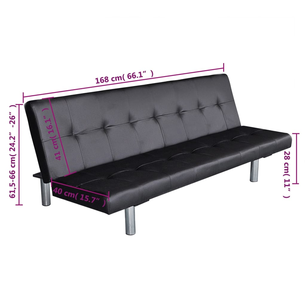 Schwarzes Schlafsofa mit silbernen Beinen, Maße beschriftet, auf weißem Hintergrund. Lederstruktur.