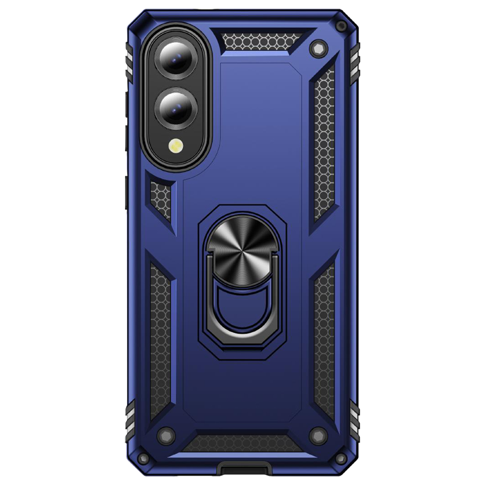 Una custodia blu per telefono con supporto ad anello, doppia fotocamera e un design a rete.