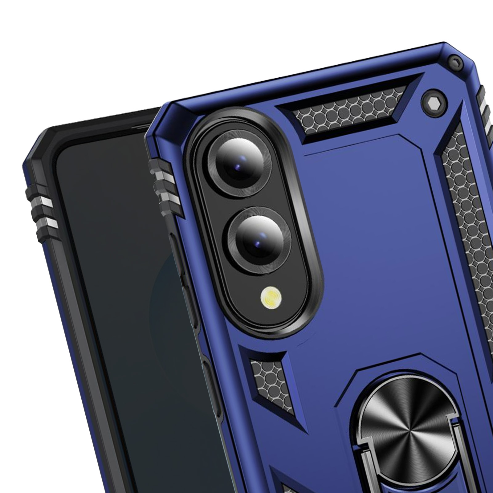 Primo piano di una custodia blu per telefono con telefono nero, lenti e anello.