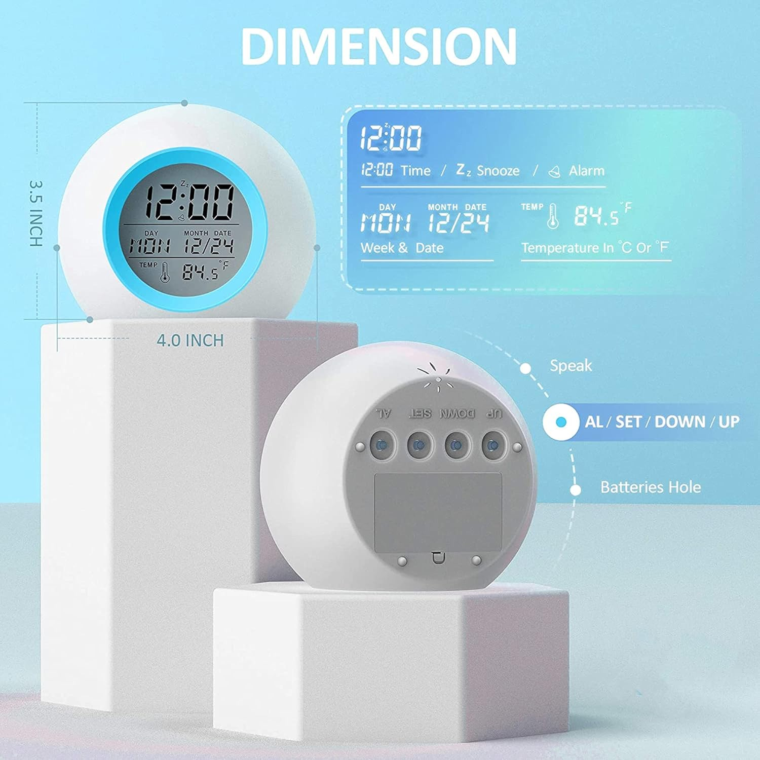 Wecker mit Digitalanzeige mit Zeit und Temperatur.