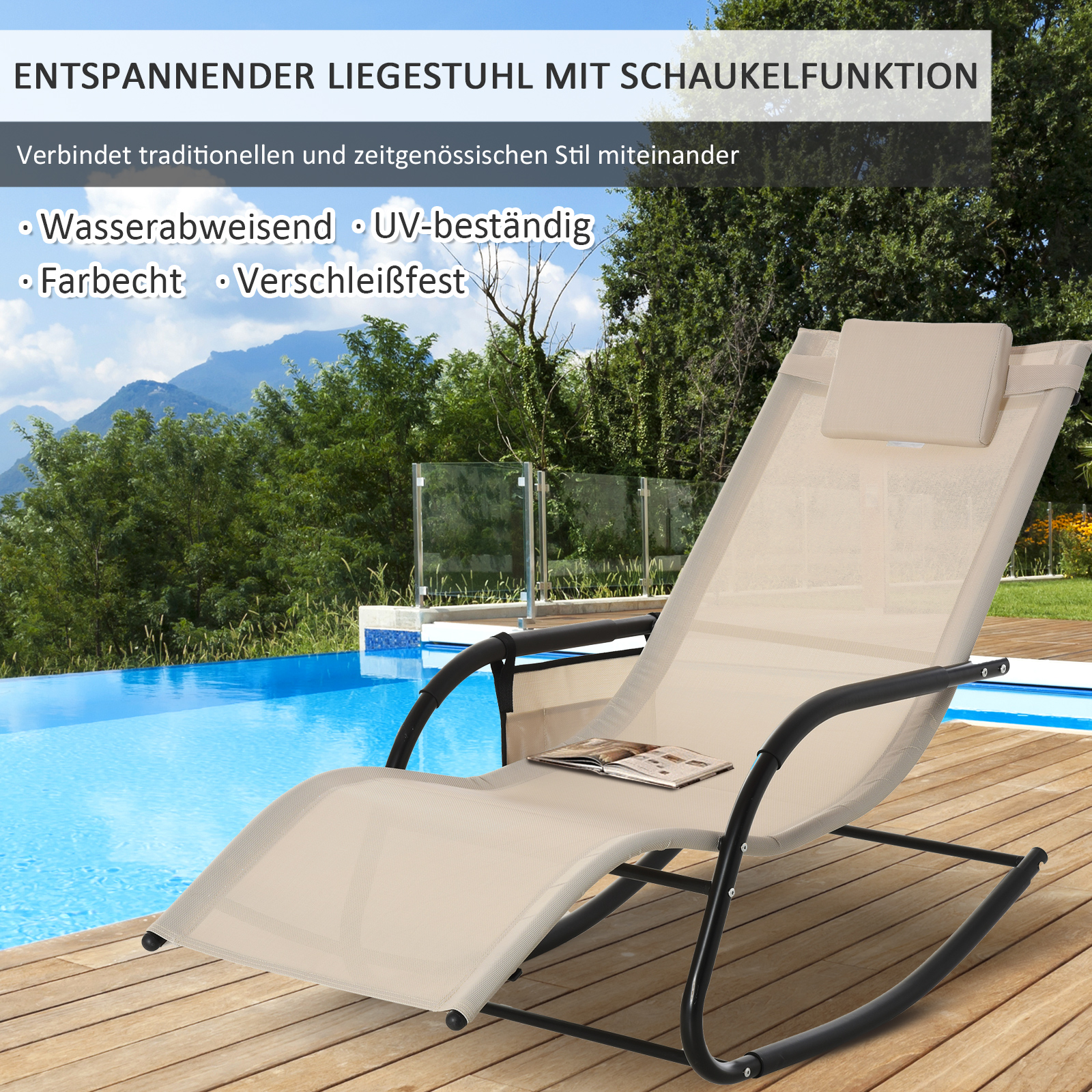 Eine beige Liege mit schwarzem Rahmen auf einem Holzdeck neben einem Pool. Text beinhaltet 'ENTSPANNT'.