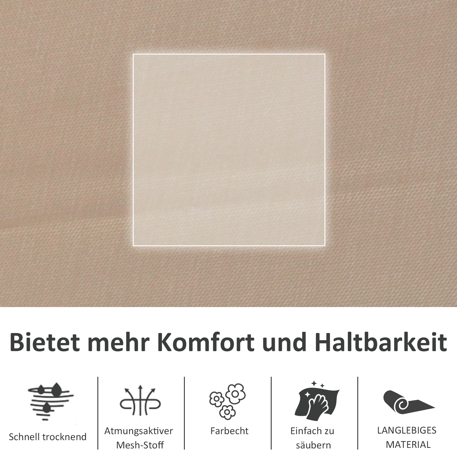 Nahaufnahme eines beigen Stoffes mit weißem Quadrat und Icons. Text: 'Bietet mehr Komfort und Haltbarkeit'.