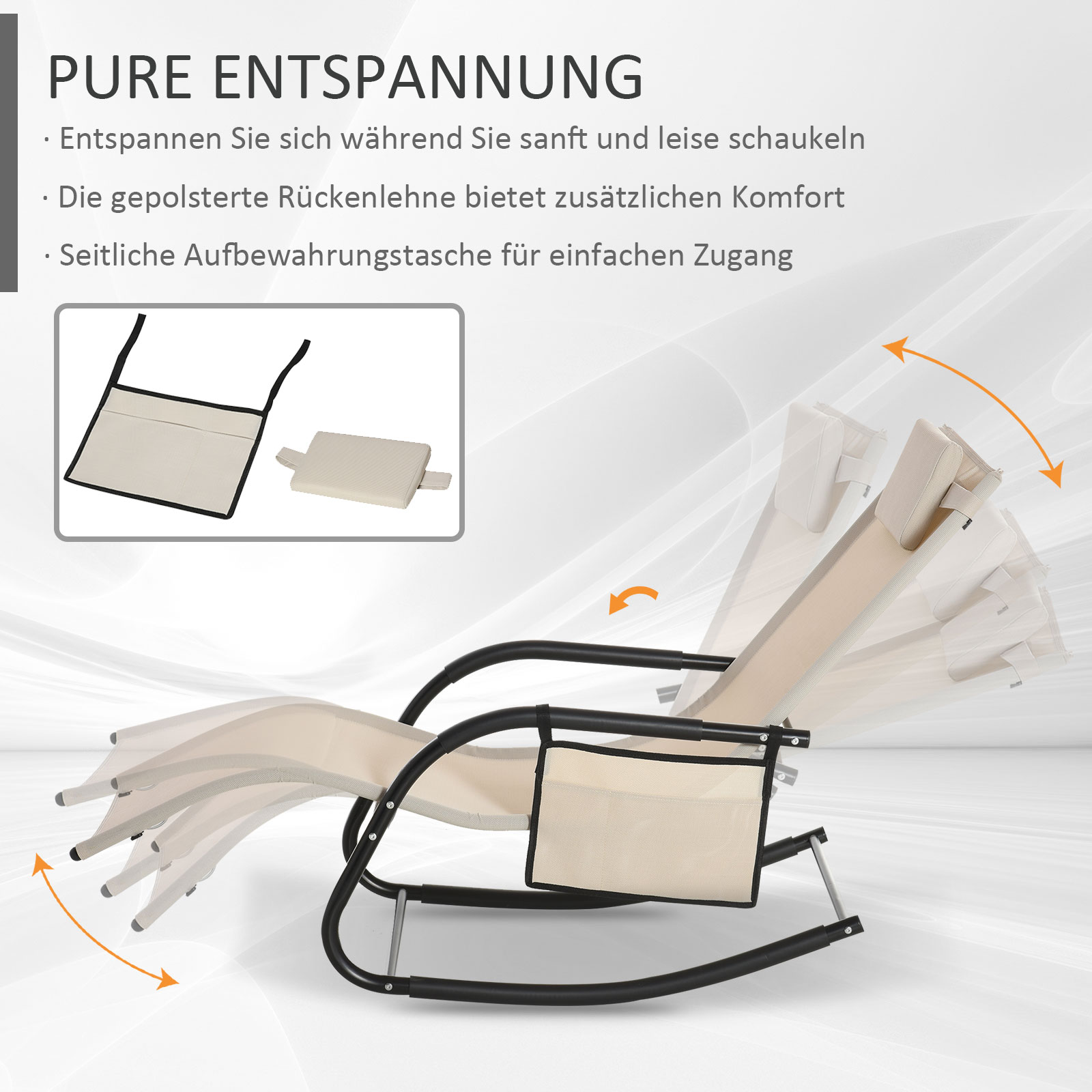 Liegestuhl mit schwarzem Rahmen. Text auf Deutsch: 'PURE ENTSANNUNG'. Beiger Sitz und Rücken, mit Tasche.