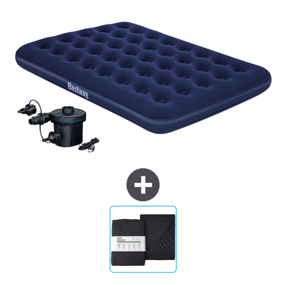 Matelas gonflable bleu marine avec ensemble de literie noir et pompe. Fond blanc.
