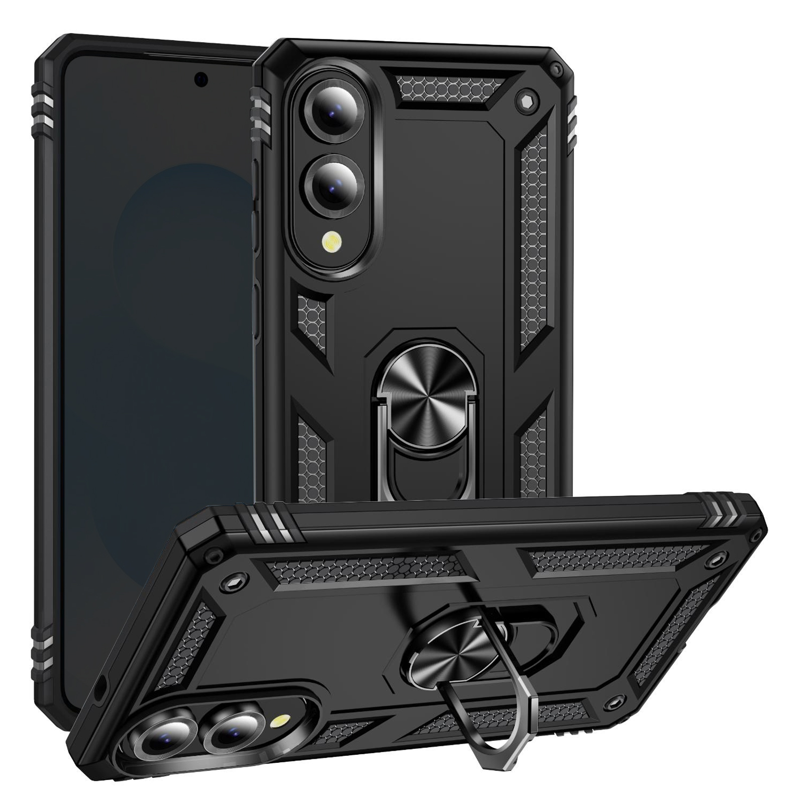 Custodia nera per telefono con anello, tre viste. Design scuro, angolare, con ritagli per schermo e fotocamera.