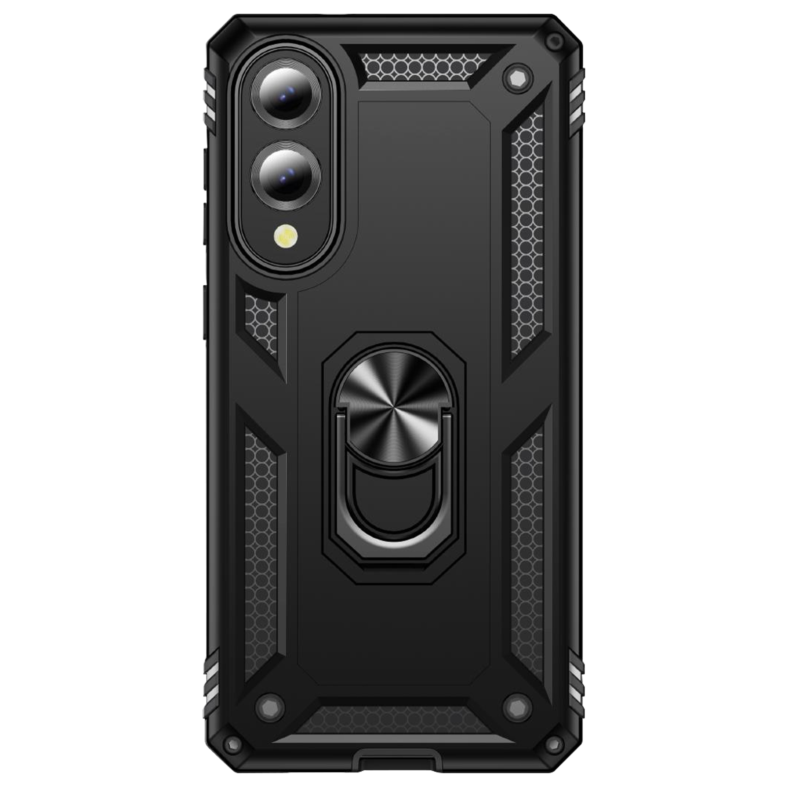 Custodia nera per telefono con supporto ad anello e tre obiettivi della fotocamera.