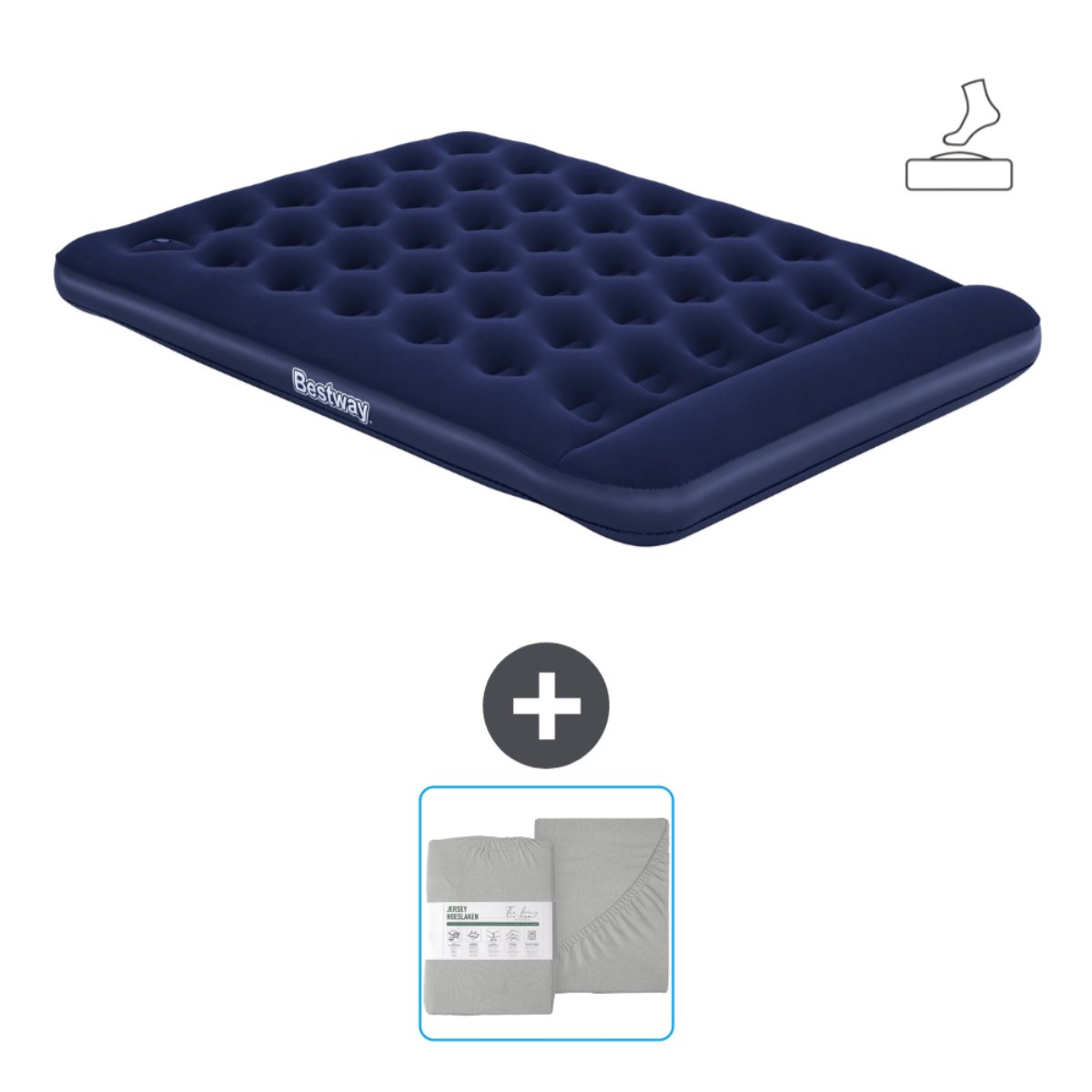 Marineblauw opblaasmatras met grijs beddengoed. Bestway merk, witte achtergrond.