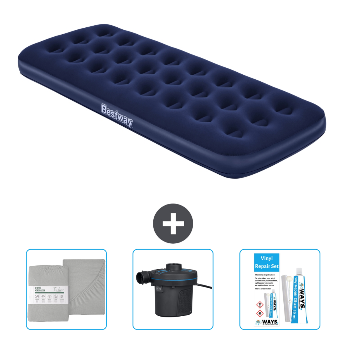 Matelas gonflable bleu avec kit de réparation, draps et pompe. Fond blanc.