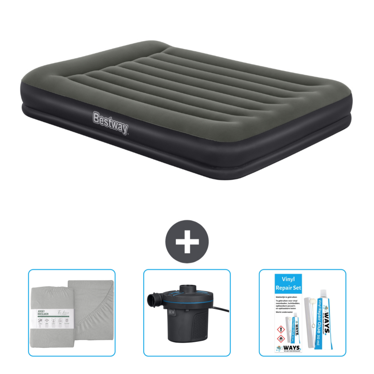 Grijze Bestway luchtmatras met pomp, lakenpakket en reparatieset.