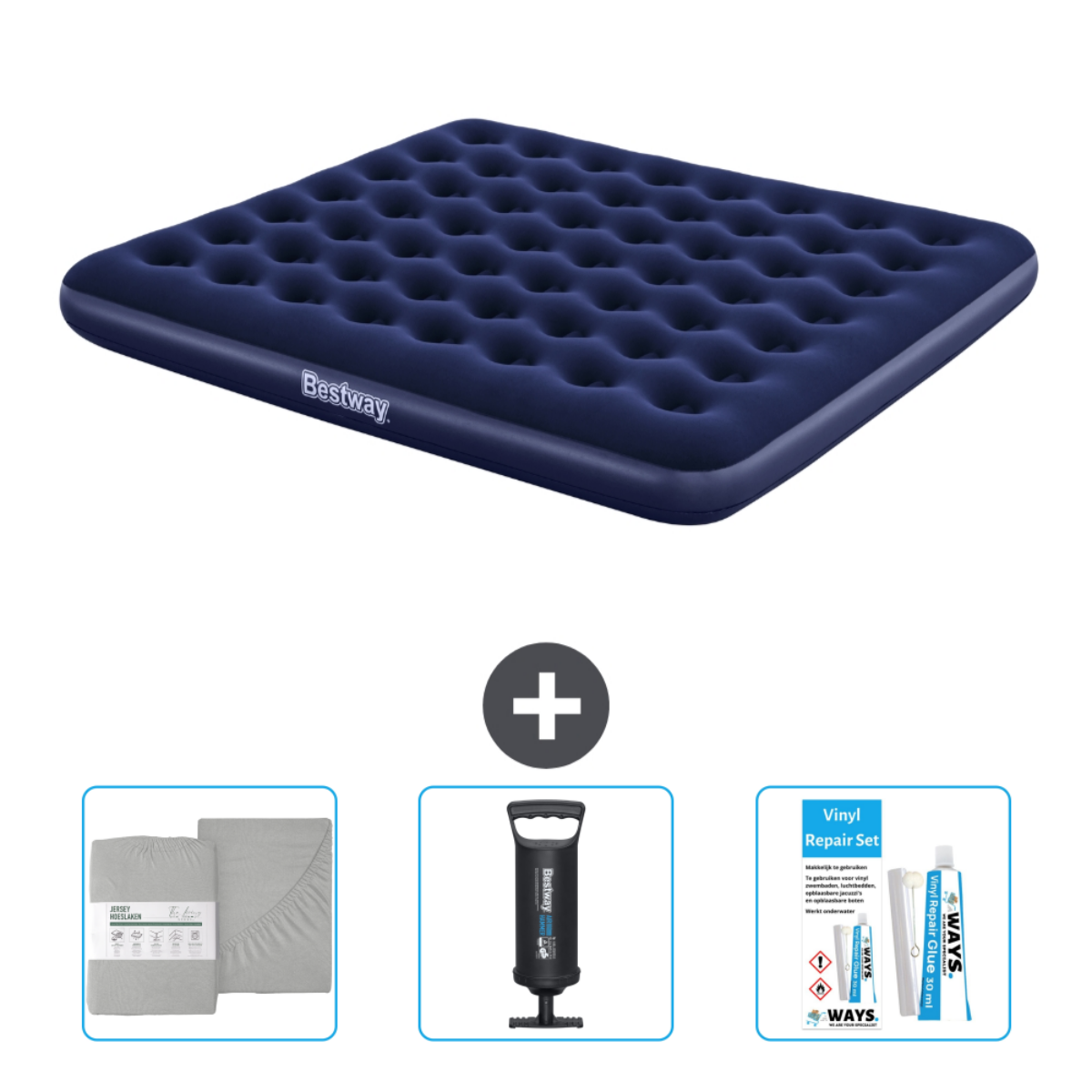 Un lit gonflable Bestway bleu foncé avec une parure de lit, une pompe et un kit de réparation.