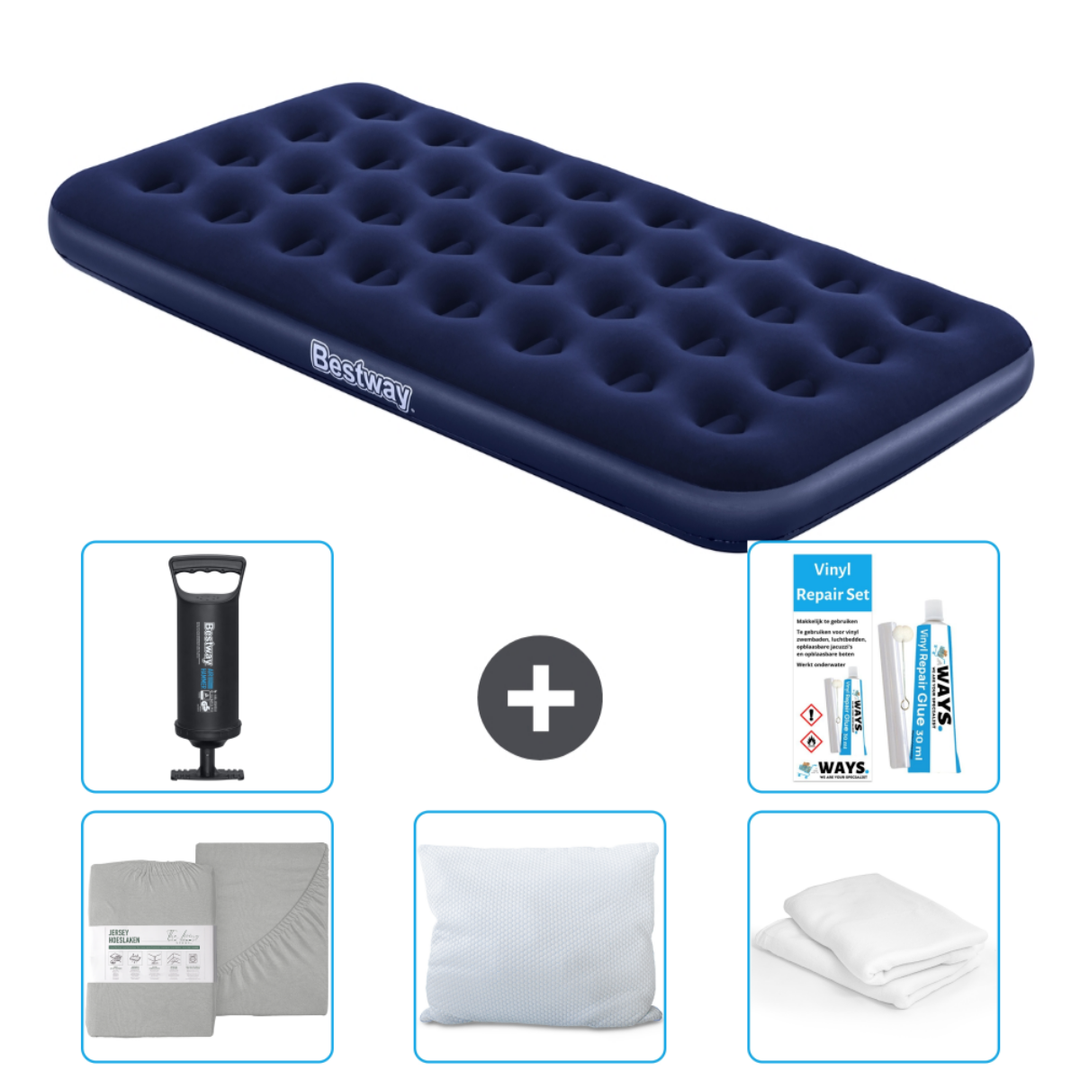 Blauw Bestway luchtbed met pomp, grijze lakens, wit kussen en reparatieset. Witte achtergrond.