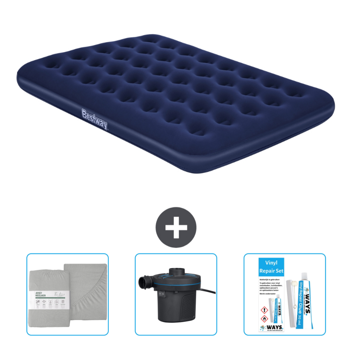 Blauw Bestway luchtbed met grijze lakens, pomp en reparatieset. Witte achtergrond.