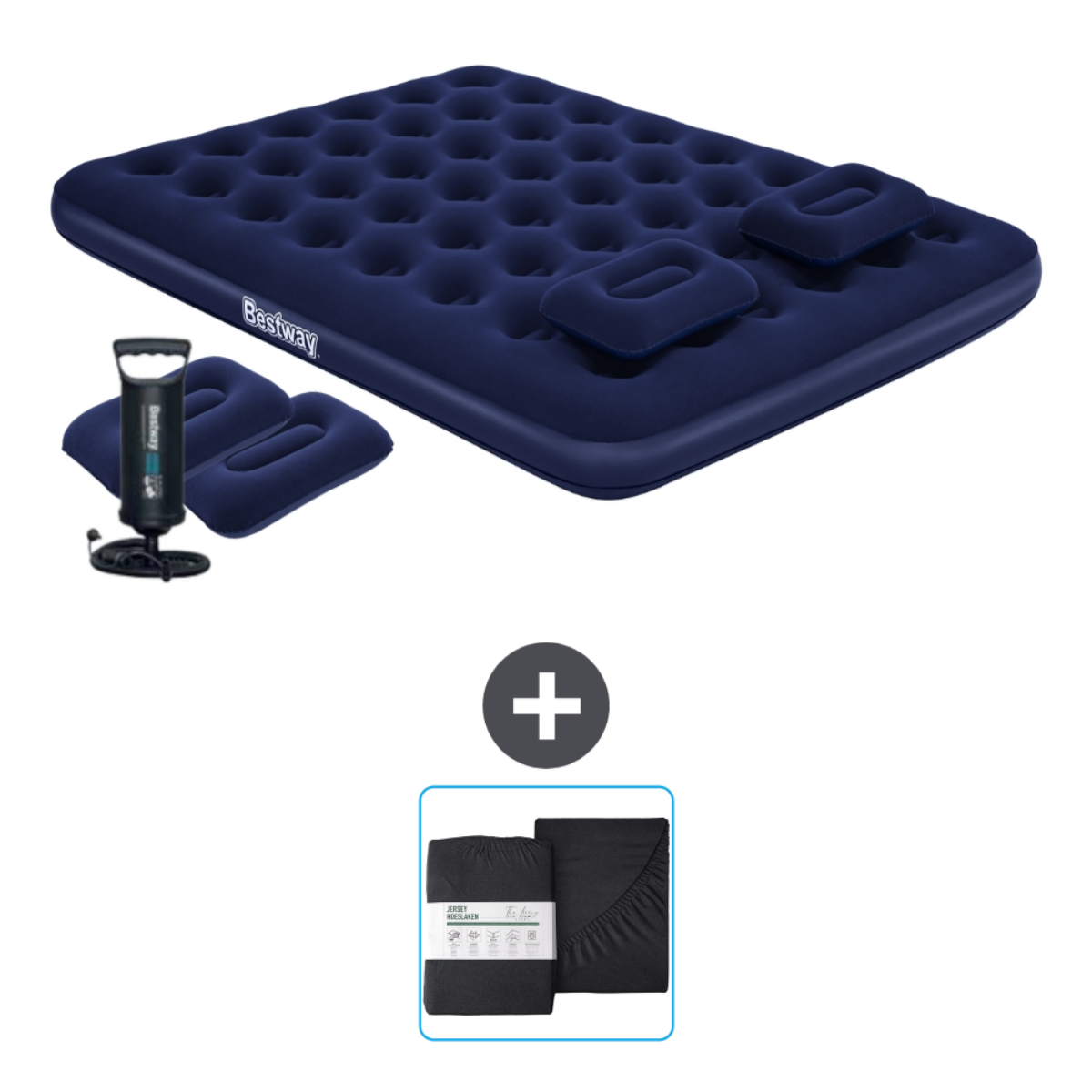 Matelas pneumatique Bestway bleu avec accessoires. Inclut oreillers et un ensemble de literie noir.