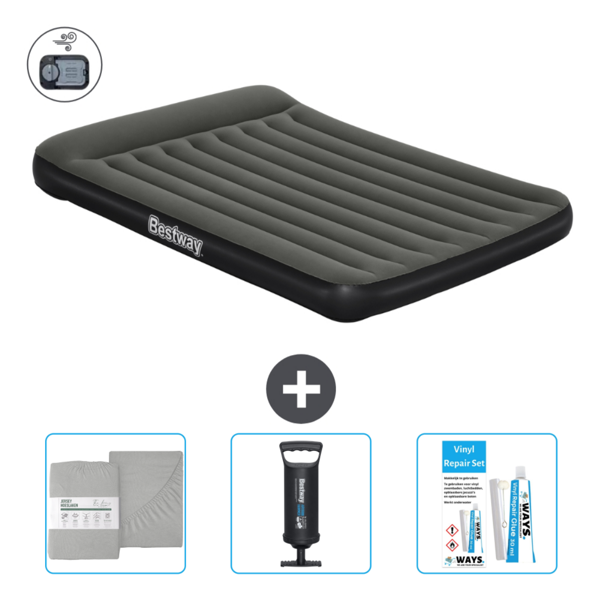 Matelas pneumatique gris avec draps, une pompe et kit de réparation. Fond blanc.