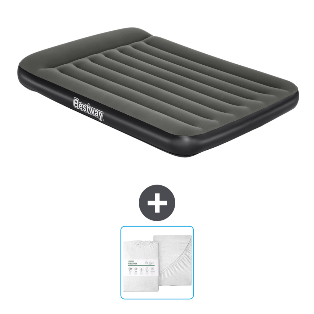 Donkergrijs Bestway luchtbed, lakens. Plus-symbool. Een set zwarte lakens.