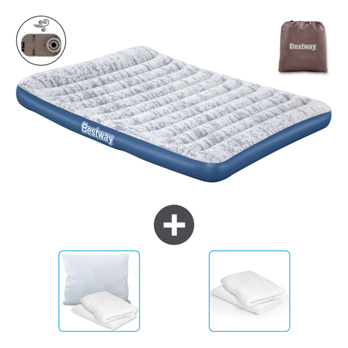 Matelas pneumatique blanc à motifs avec draps, oreillers et sac Bestway. Blanc.