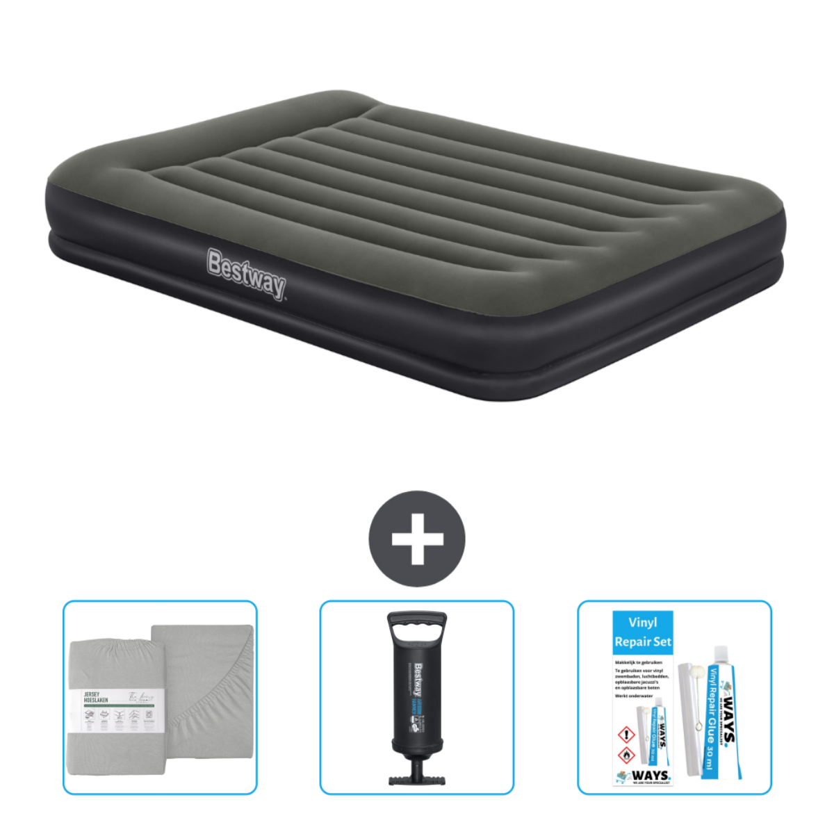 Matelas pneumatique Bestway gris avec accessoires. Inclut pompe, kit de réparation et ensemble de literie gris.