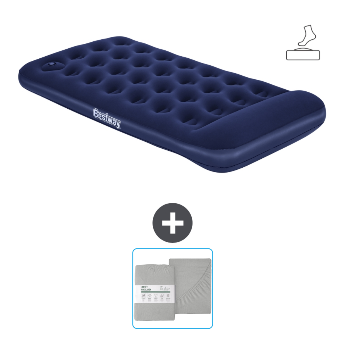 Matelas pneumatique Bestway bleu, draps. Symbole plus. Un ensemble de draps gris.