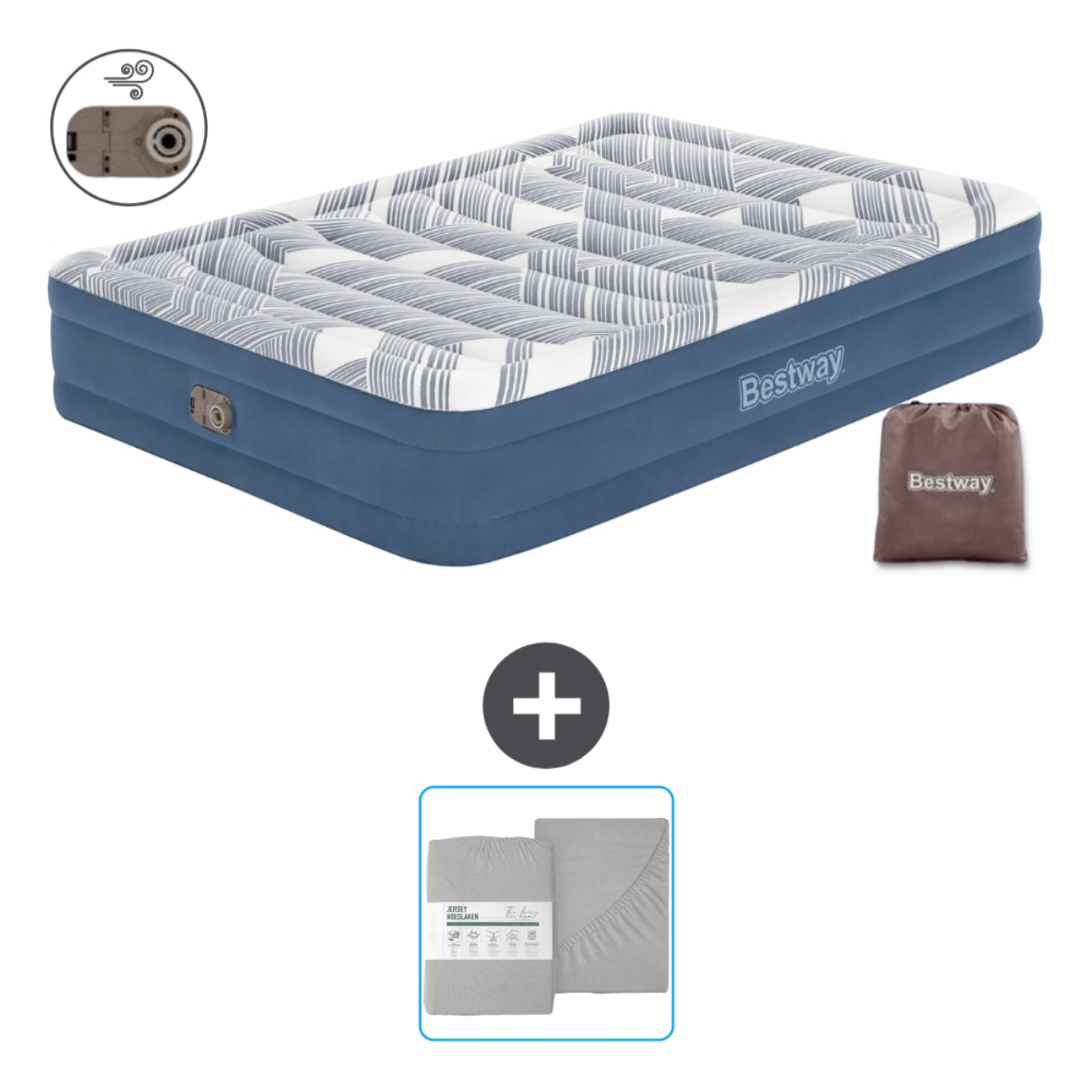 Blauw Bestway luchtbed, wit en blauw patroon, lakens en tas. Plus-symbool, luchtpomp.