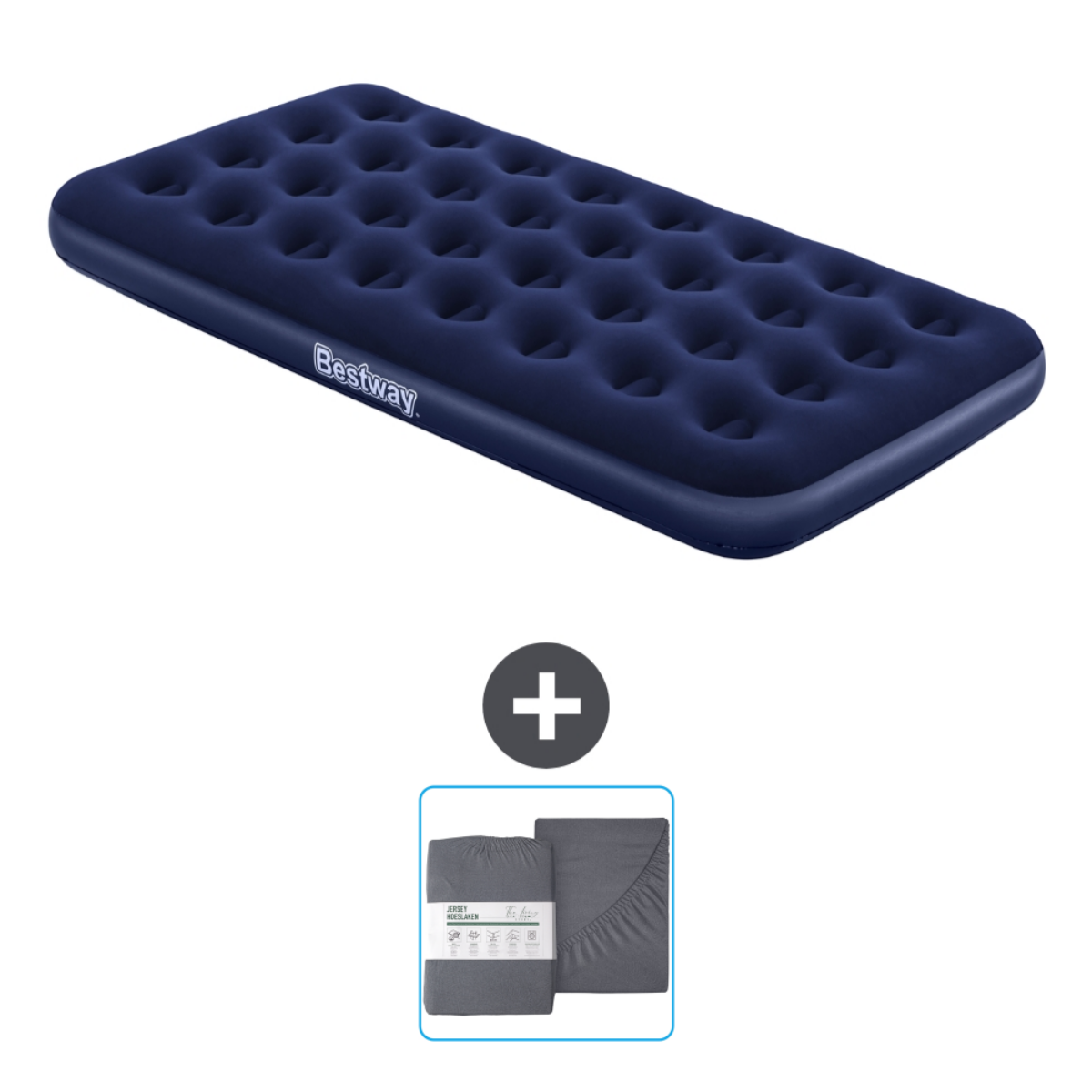 Matelas gonflable bleu avec draps.