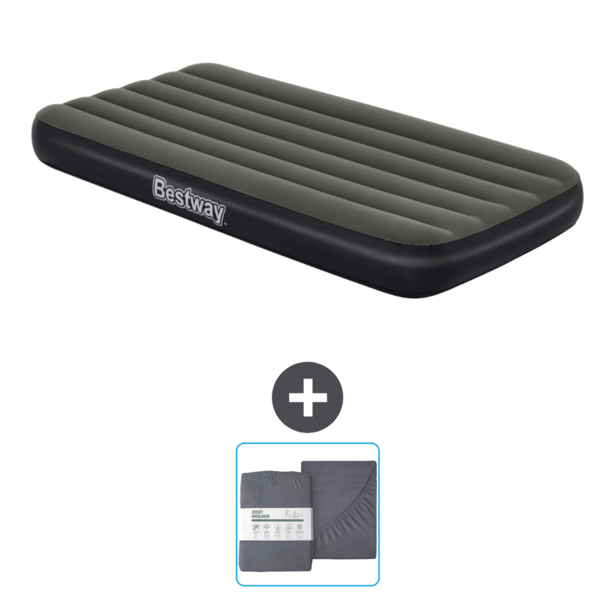Donkergrijze Bestway luchtmatras met een lakenpakket.