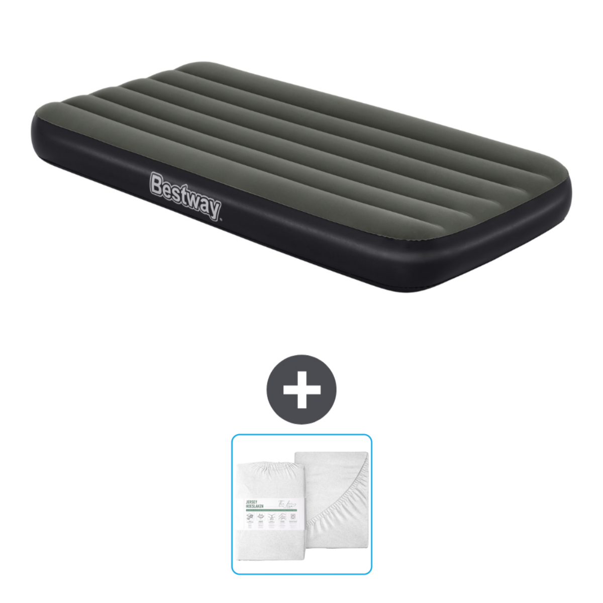 Donkergrijs opblaasmatras met grijs beddengoed. Bestway merk, witte achtergrond.