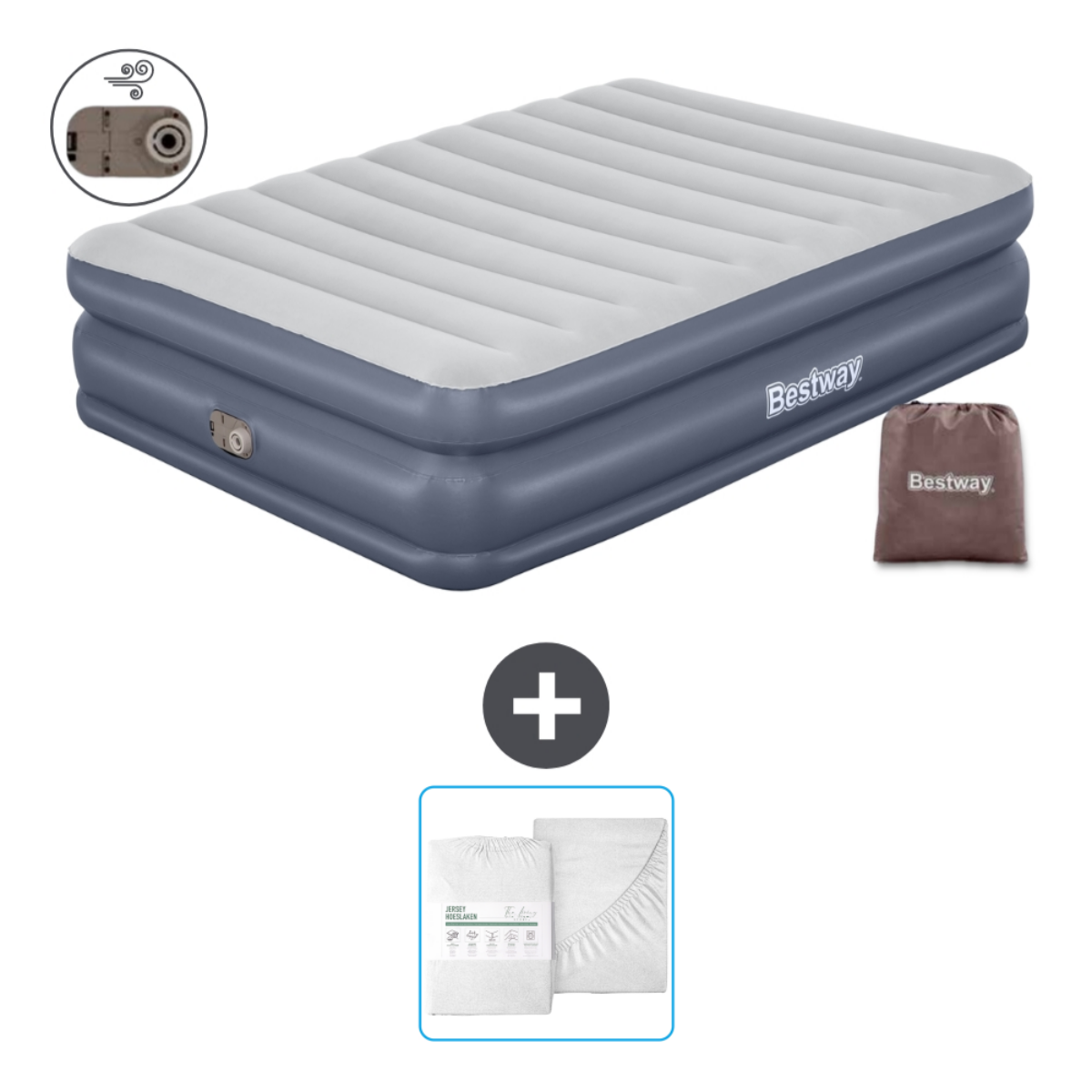 Blauw-wit luchtmatras, plus zwarte lakens en draagtas.