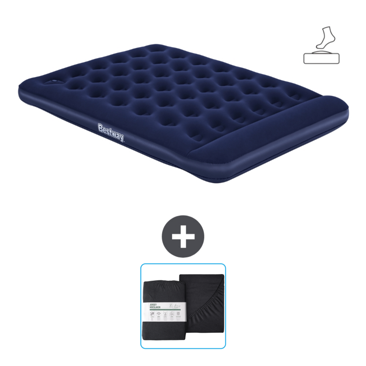 Matelas pneumatique bleu Bestway et un ensemble de draps gris.
