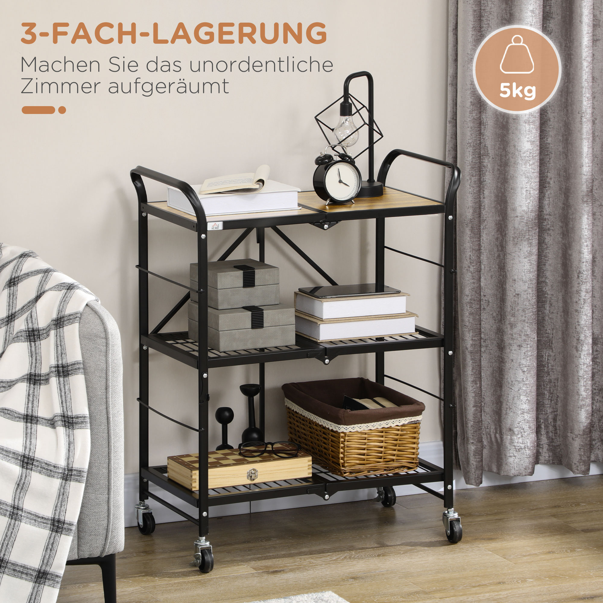 Rollwagen mit drei Regalen. Auf den Regalen befinden sich Gegenstände.